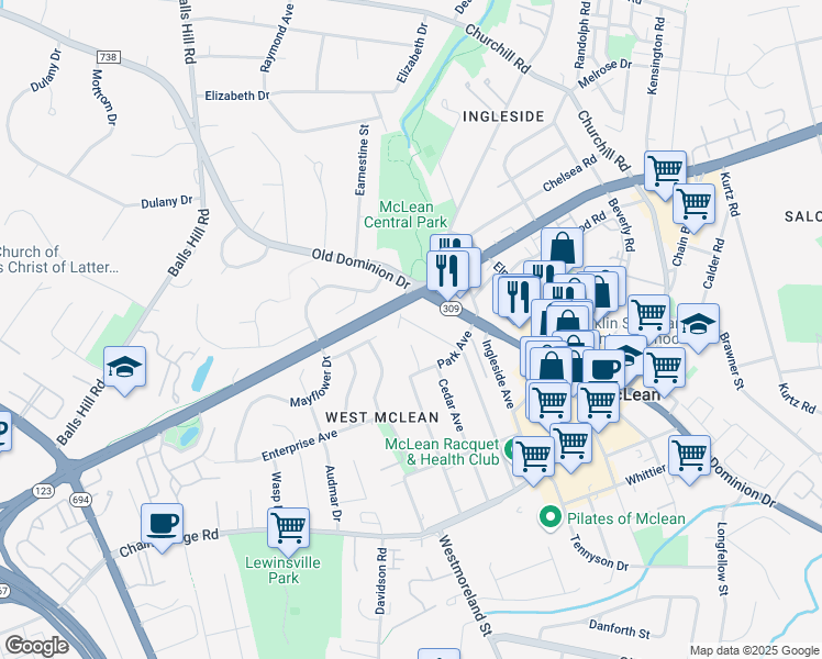 map of restaurants, bars, coffee shops, grocery stores, and more near 6941 Pine Crest Avenue in McLean