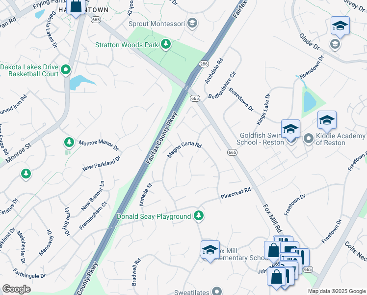 map of restaurants, bars, coffee shops, grocery stores, and more near 12651 Magna Carta Road in Herndon