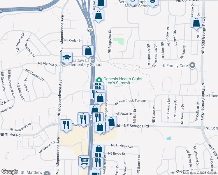 map of restaurants, bars, coffee shops, grocery stores, and more near 1301 Northeast Ridgeview Drive in Lee's Summit