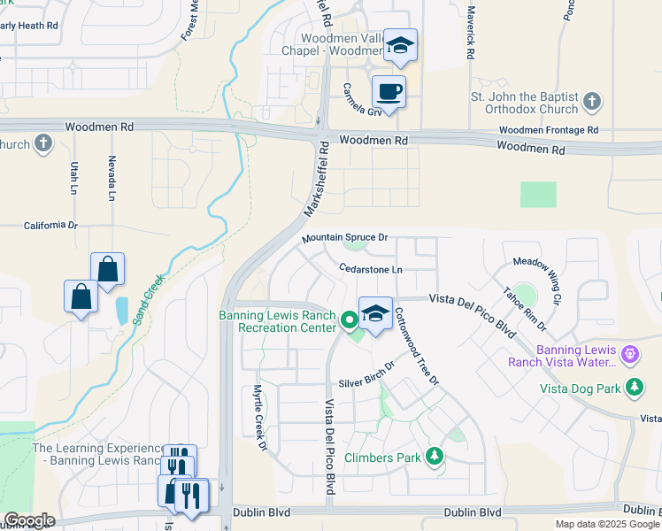 map of restaurants, bars, coffee shops, grocery stores, and more near 8117 Cedarstone Lane in Colorado Springs