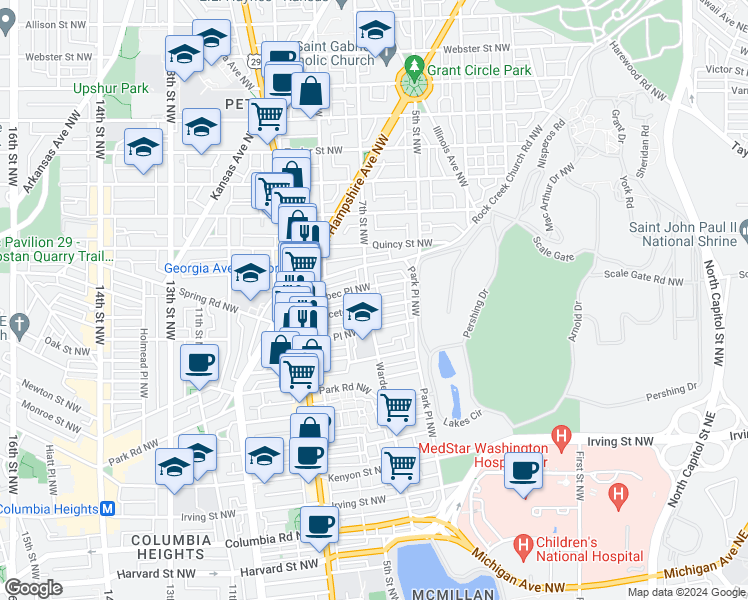 map of restaurants, bars, coffee shops, grocery stores, and more near 3631 Warder Street Northwest in Washington