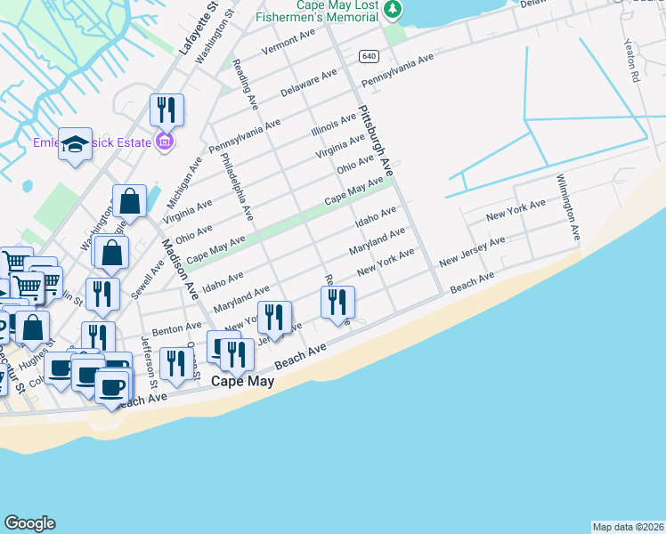 map of restaurants, bars, coffee shops, grocery stores, and more near 204 Reading Avenue in Cape May