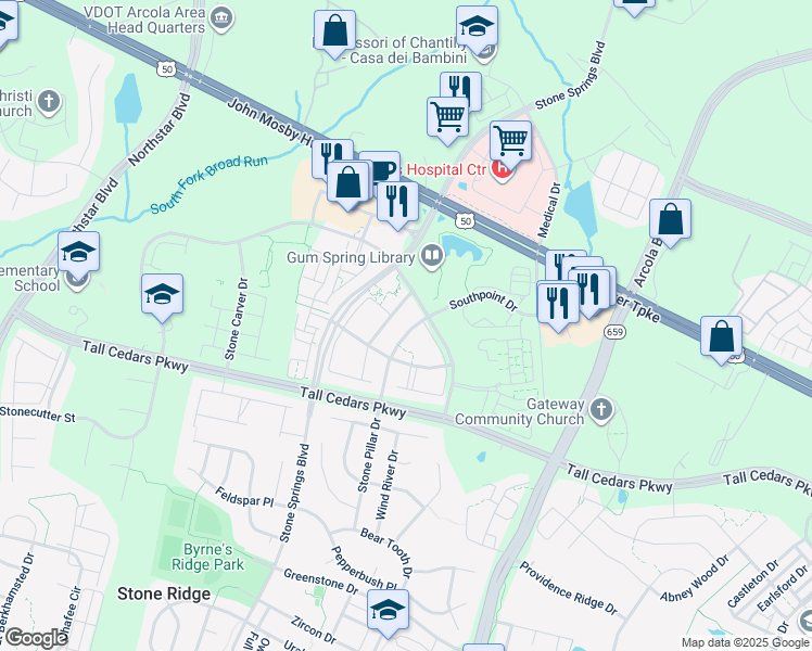 map of restaurants, bars, coffee shops, grocery stores, and more near 24649 Kings Canyon Square in Aldie