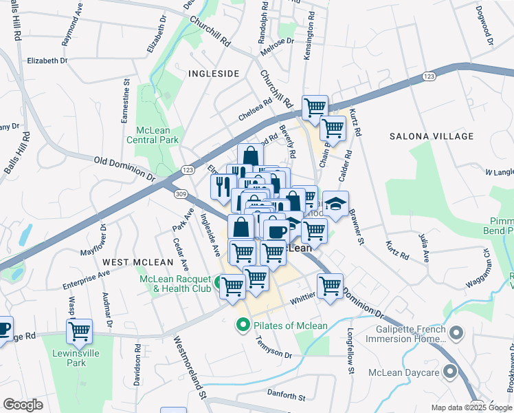 map of restaurants, bars, coffee shops, grocery stores, and more near 6834 Elm Street in McLean