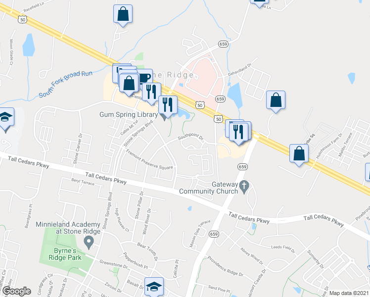 map of restaurants, bars, coffee shops, grocery stores, and more near Caribou Square in Aldie