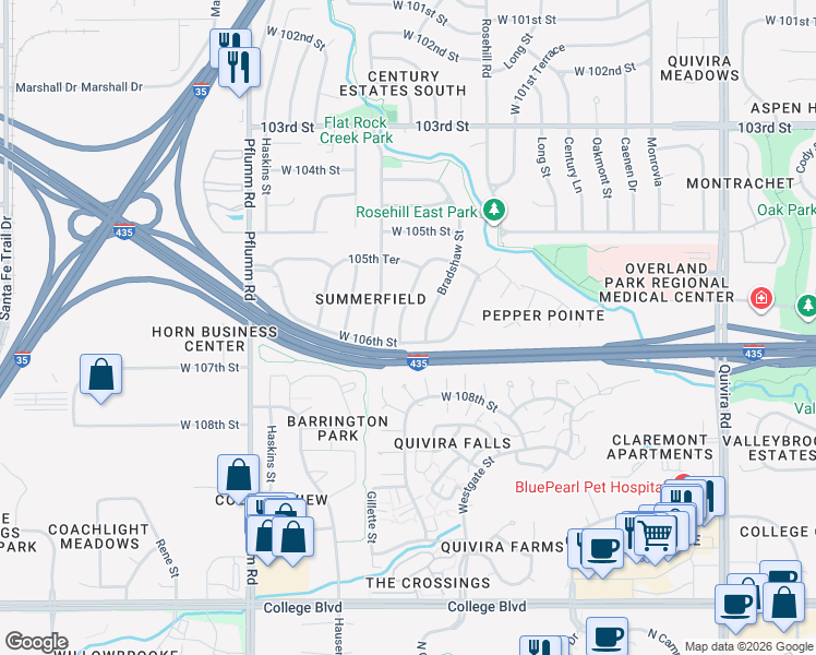 map of restaurants, bars, coffee shops, grocery stores, and more near 10596 Bradshaw Street in Overland Park