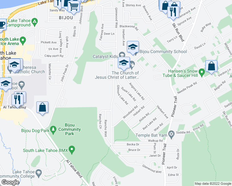 map of restaurants, bars, coffee shops, grocery stores, and more near 1302 Gilmore Lake Road in South Lake Tahoe