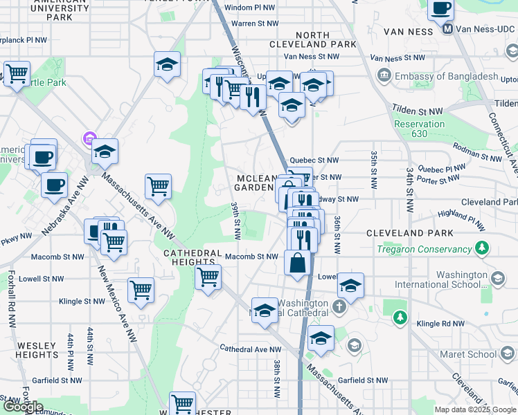 map of restaurants, bars, coffee shops, grocery stores, and more near 3841 Newark Street Northwest in Washington