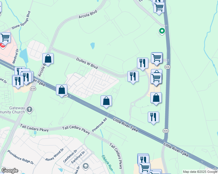 map of restaurants, bars, coffee shops, grocery stores, and more near 42685 Burbank Terrace in Sterling