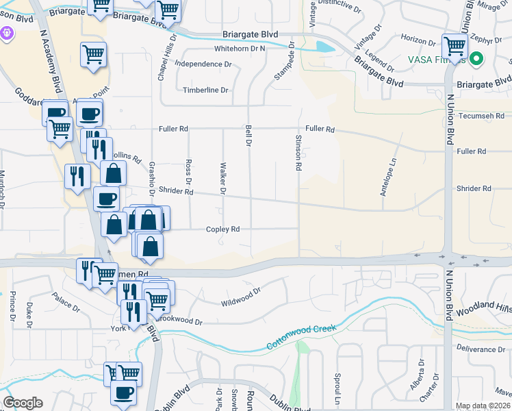 map of restaurants, bars, coffee shops, grocery stores, and more near 7189 Bell Drive in Colorado Springs