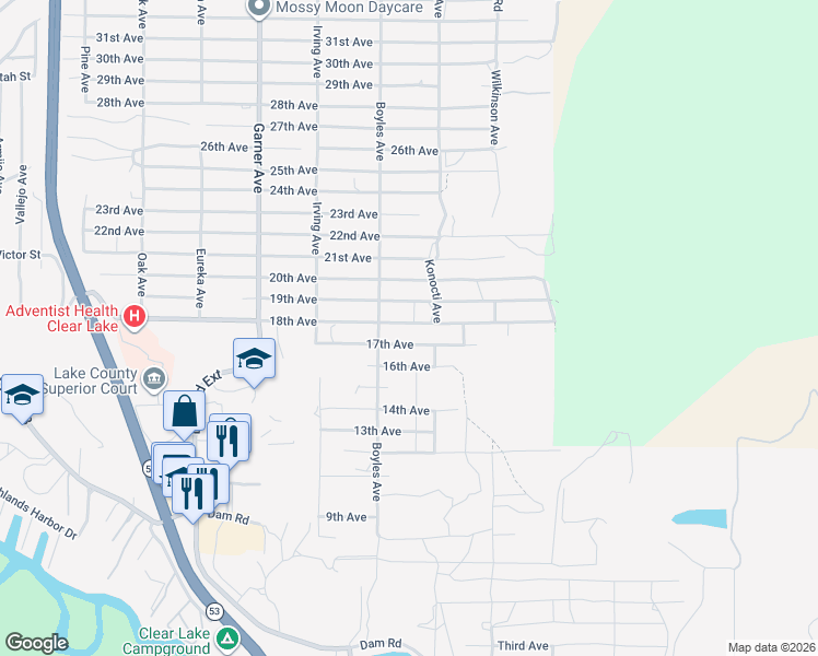 map of restaurants, bars, coffee shops, grocery stores, and more near 16183 18th Avenue in Clearlake