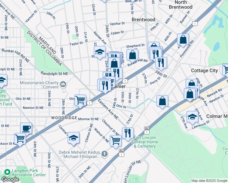 map of restaurants, bars, coffee shops, grocery stores, and more near 3311 Rhode Island Avenue in Mount Rainier