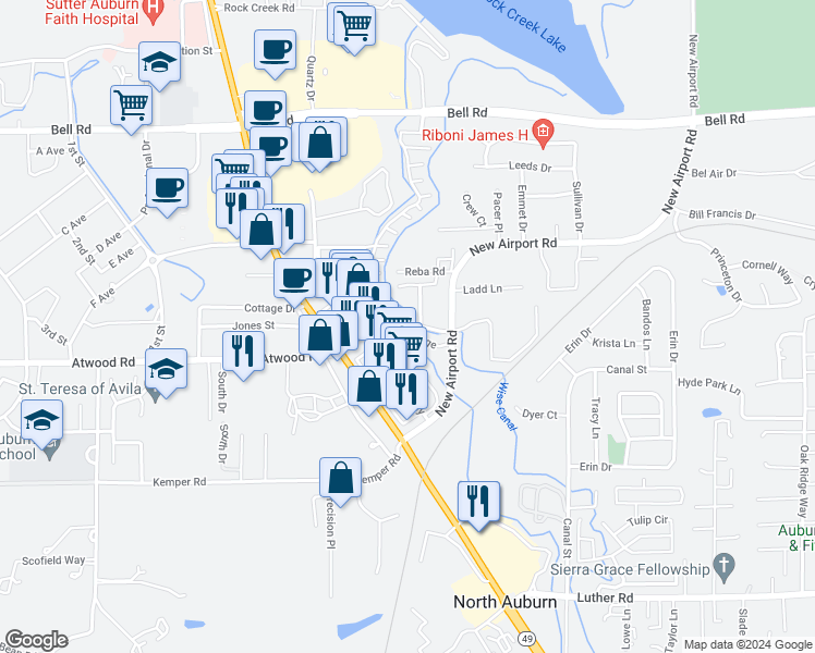 map of restaurants, bars, coffee shops, grocery stores, and more near Colonial Village in Auburn