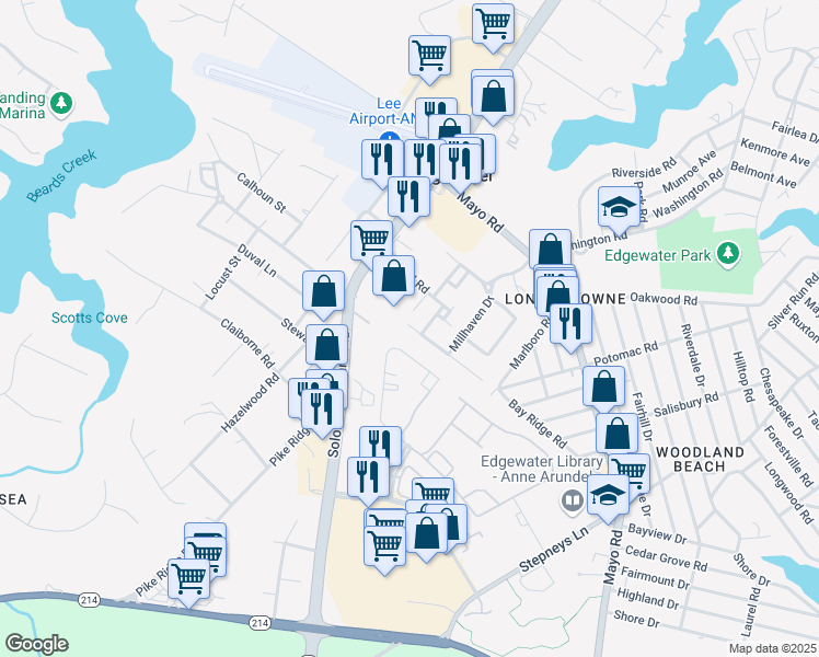 map of restaurants, bars, coffee shops, grocery stores, and more near 213 Braxton Way in Edgewater