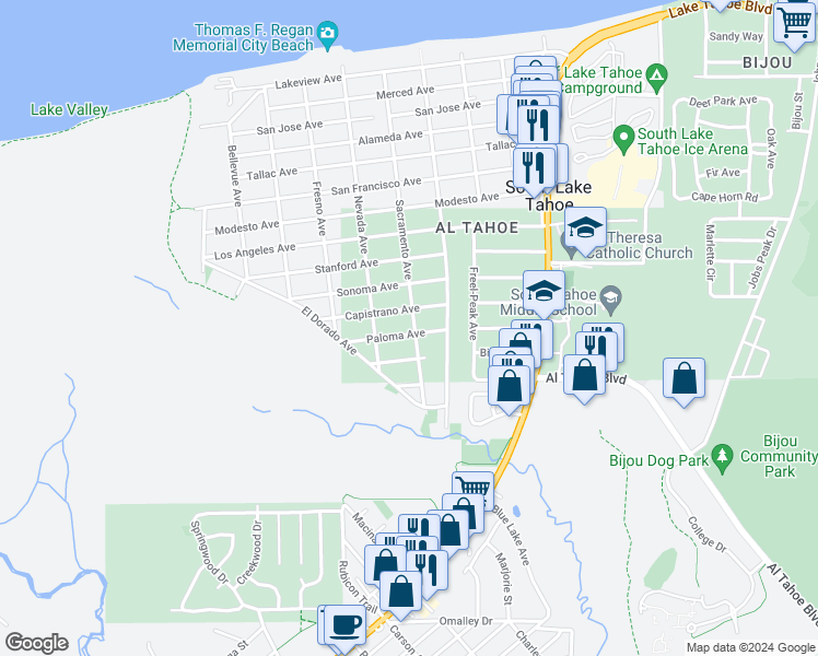 map of restaurants, bars, coffee shops, grocery stores, and more near 2957 Sacramento Avenue in South Lake Tahoe