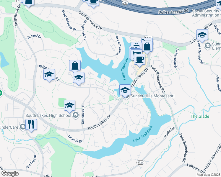 map of restaurants, bars, coffee shops, grocery stores, and more near 2035 Lakewinds Drive in Reston