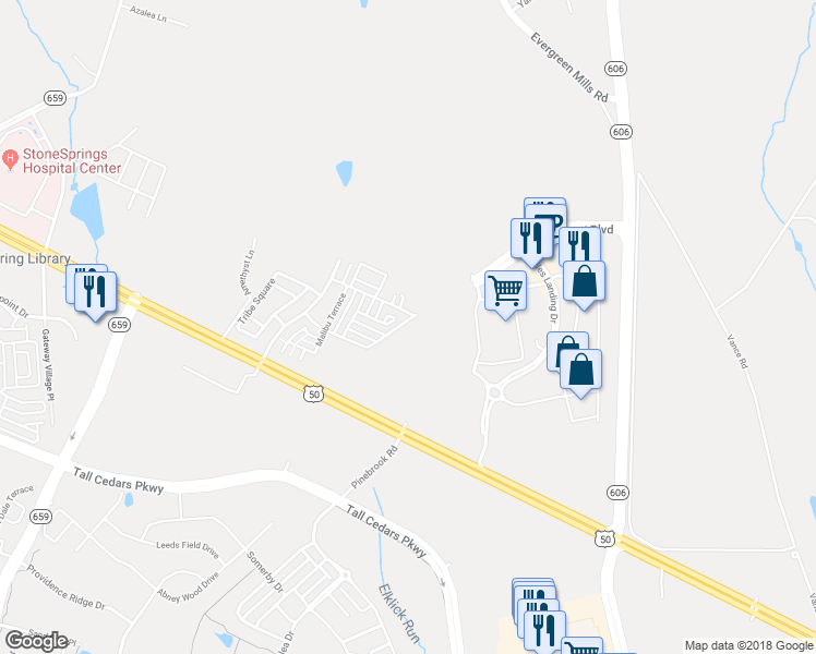 map of restaurants, bars, coffee shops, grocery stores, and more near 42687 Burbank Terrace in Sterling