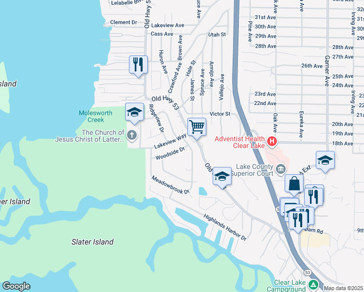 map of restaurants, bars, coffee shops, grocery stores, and more near 15170 Woodside Drive in Clearlake