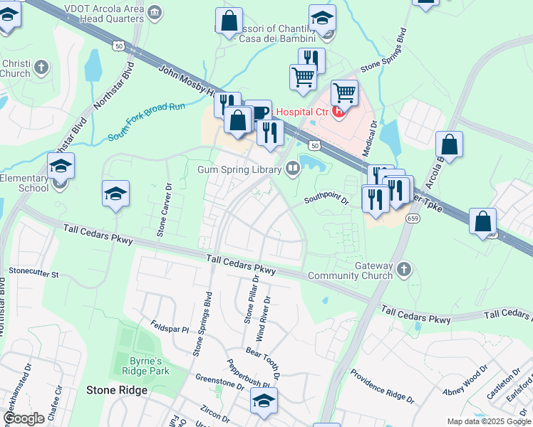 map of restaurants, bars, coffee shops, grocery stores, and more near 24636 Nettle Mill Square in Aldie