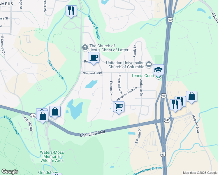 map of restaurants, bars, coffee shops, grocery stores, and more near 1103 Falcon Drive in Columbia