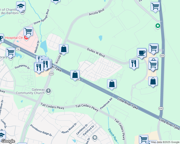 map of restaurants, bars, coffee shops, grocery stores, and more near 24662 Hutchinson Farm Drive in Sterling