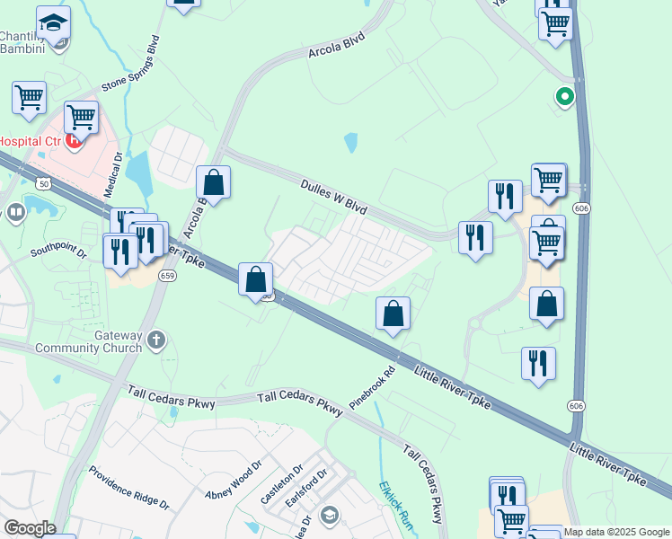 map of restaurants, bars, coffee shops, grocery stores, and more near 24722 Malibu Terrace in Sterling