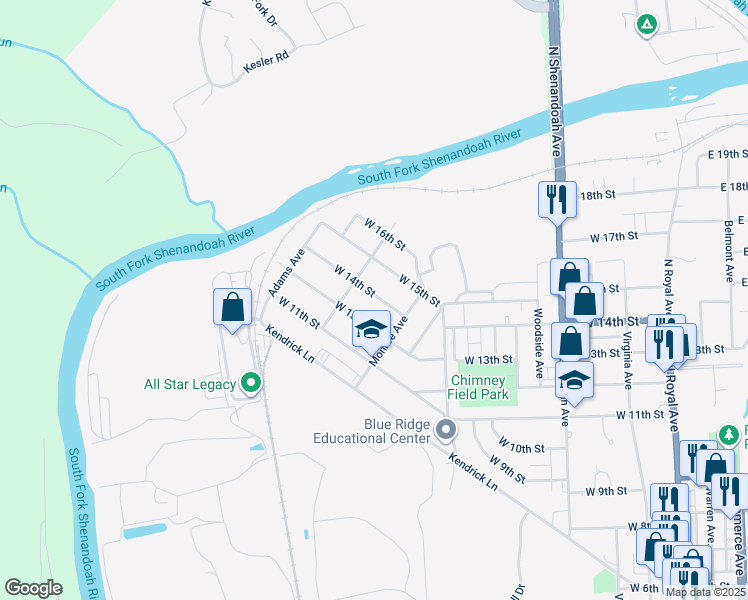 map of restaurants, bars, coffee shops, grocery stores, and more near 732 West 14th Street in Front Royal