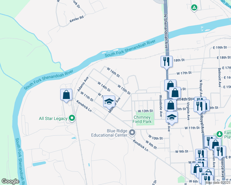 map of restaurants, bars, coffee shops, grocery stores, and more near 717 West 14th Street in Front Royal
