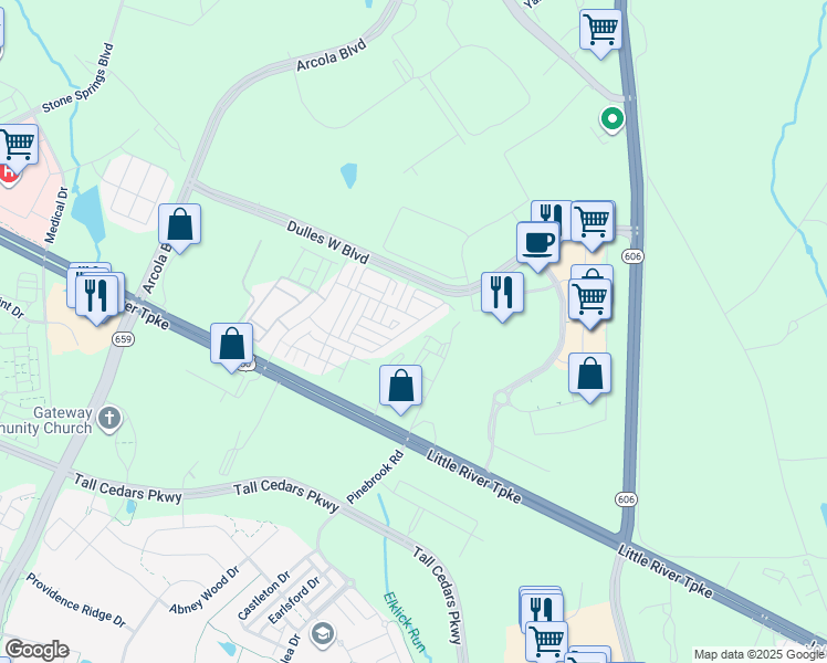 map of restaurants, bars, coffee shops, grocery stores, and more near 42687 Burbank Terrace in Sterling