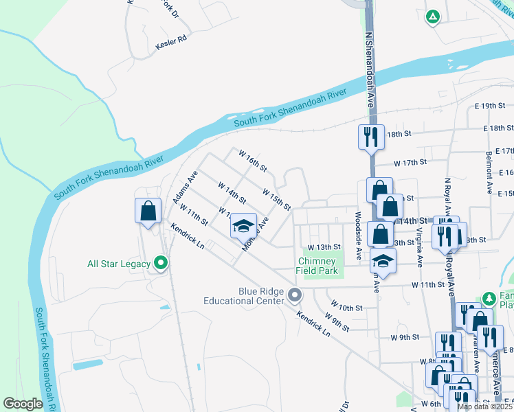 map of restaurants, bars, coffee shops, grocery stores, and more near 717 West 14th Street in Front Royal