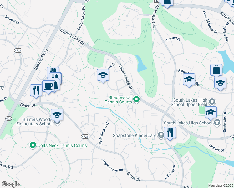 map of restaurants, bars, coffee shops, grocery stores, and more near 2220 Wheelwright Court in Reston