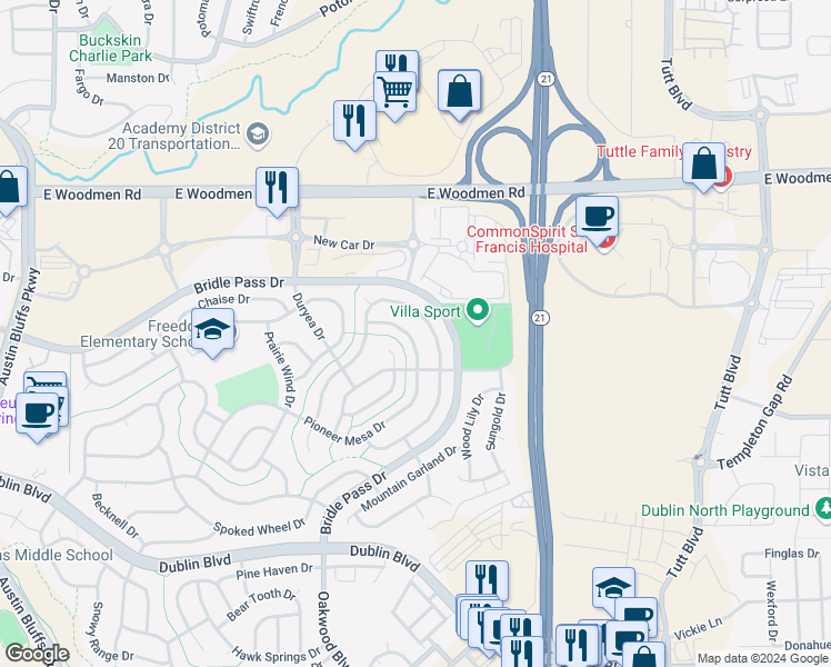 map of restaurants, bars, coffee shops, grocery stores, and more near 6013 Pioneer Mesa Drive in Colorado Springs