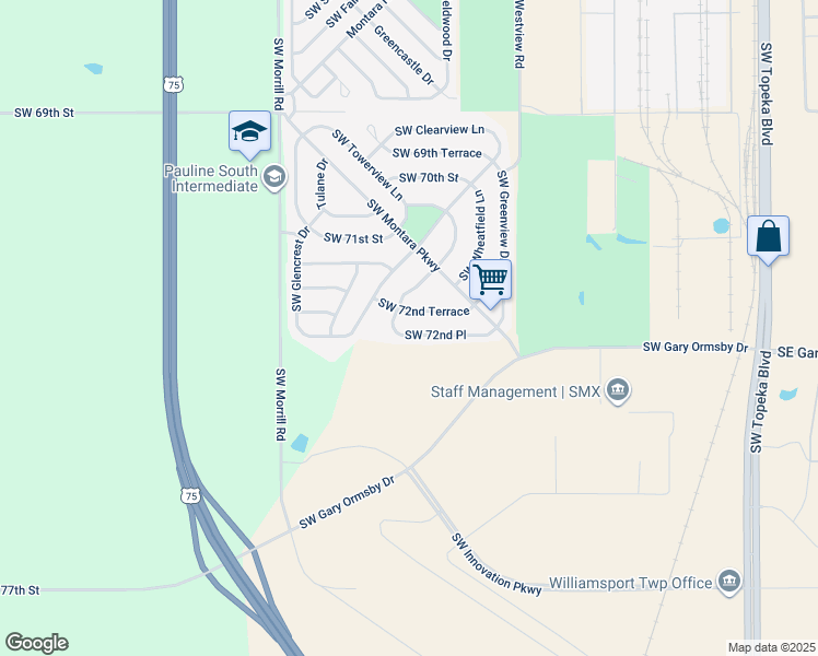 map of restaurants, bars, coffee shops, grocery stores, and more near 1702 Southwest 72nd Place in Topeka