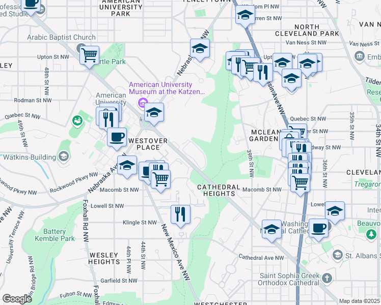 map of restaurants, bars, coffee shops, grocery stores, and more near in Washington