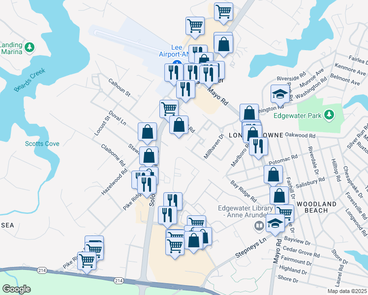 map of restaurants, bars, coffee shops, grocery stores, and more near 209 Braxton Way in Edgewater