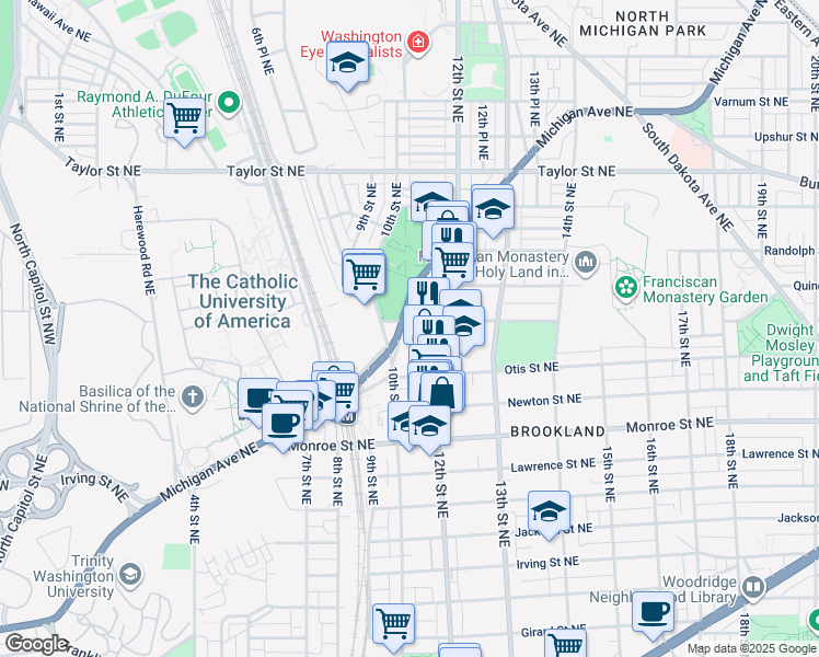map of restaurants, bars, coffee shops, grocery stores, and more near 1031 Michigan Avenue Northeast in Washington