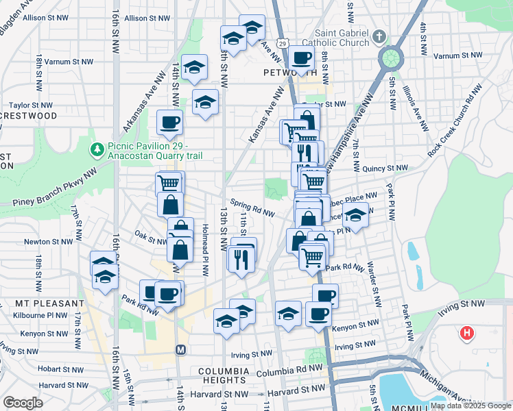 map of restaurants, bars, coffee shops, grocery stores, and more near 1015 Spring Road Northwest in Washington