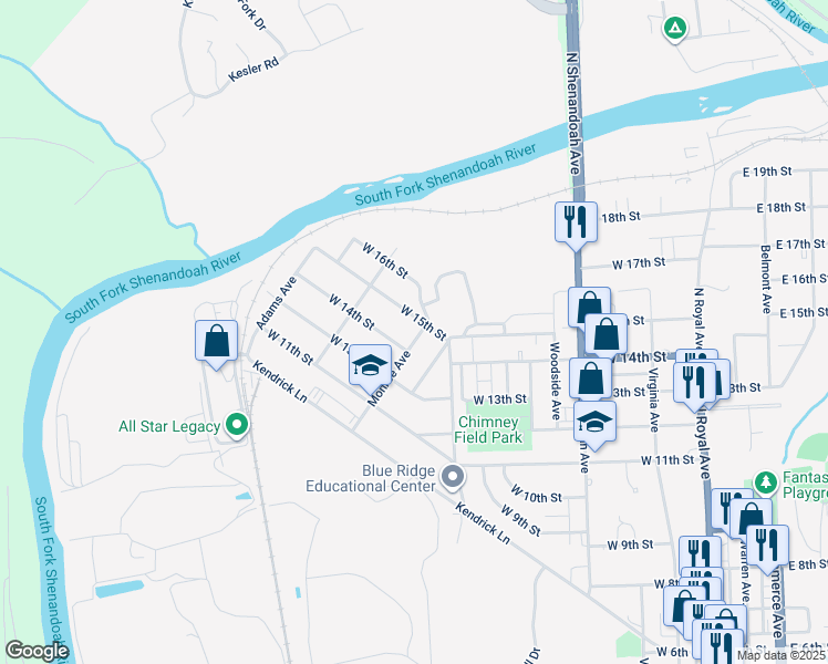 map of restaurants, bars, coffee shops, grocery stores, and more near 1330 Monroe Avenue in Front Royal