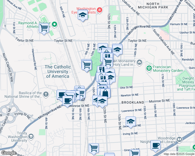 map of restaurants, bars, coffee shops, grocery stores, and more near 1031 Michigan Avenue Northeast in Washington