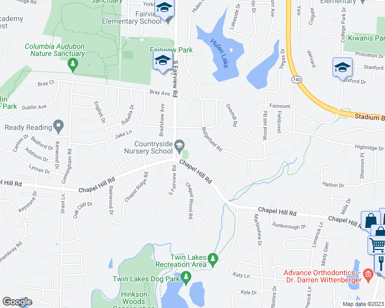 map of restaurants, bars, coffee shops, grocery stores, and more near 1609-1611 Handley Place in Columbia