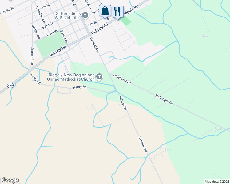 map of restaurants, bars, coffee shops, grocery stores, and more near 11898 Central Avenue in Ridgely