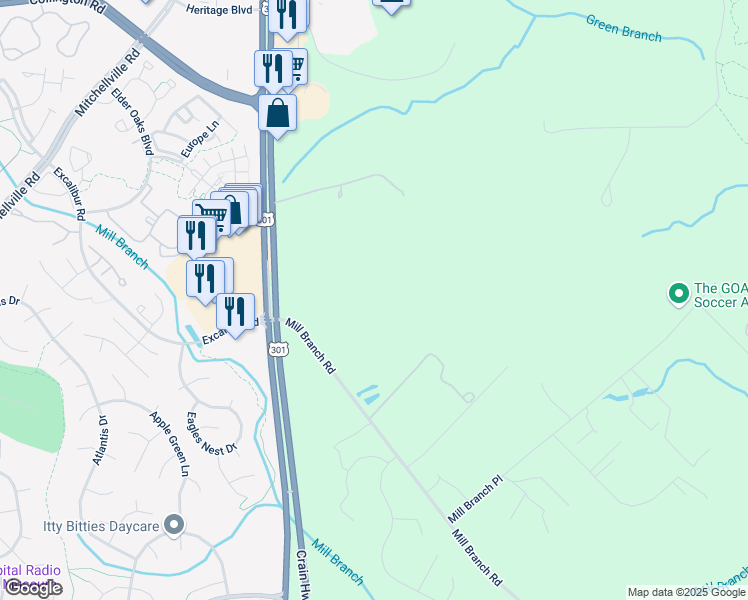 map of restaurants, bars, coffee shops, grocery stores, and more near in Bowie