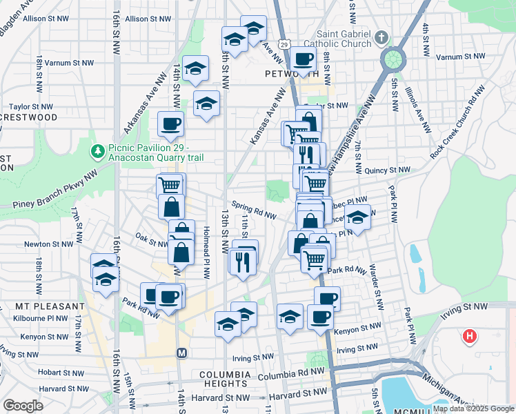 map of restaurants, bars, coffee shops, grocery stores, and more near 1015 Spring Road Northwest in Washington