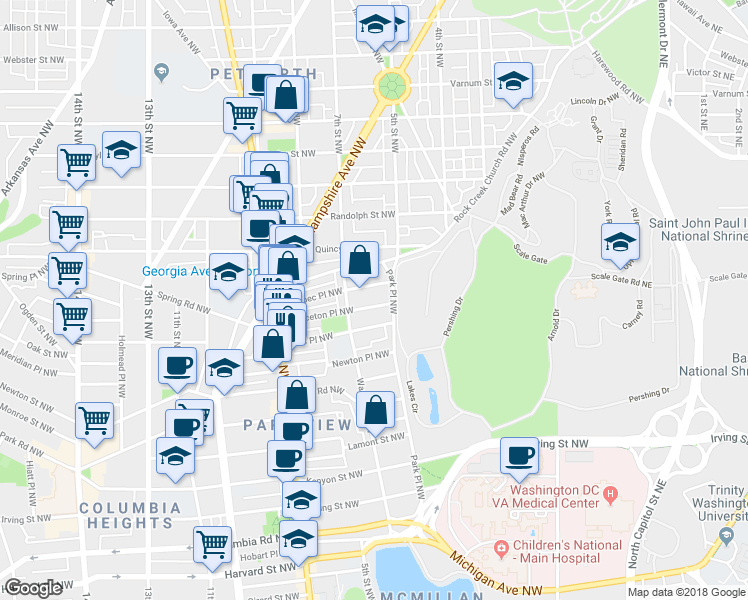map of restaurants, bars, coffee shops, grocery stores, and more near 617 Princeton Place Northwest in Washington