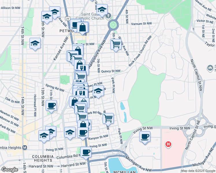 map of restaurants, bars, coffee shops, grocery stores, and more near 617 Princeton Place Northwest in Washington