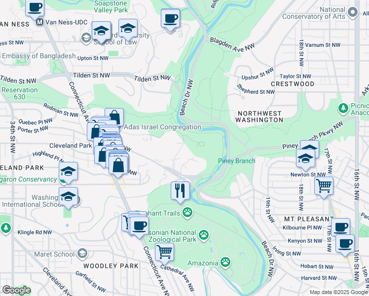 map of restaurants, bars, coffee shops, grocery stores, and more near 3539 Williamsburg Lane Northwest in Washington