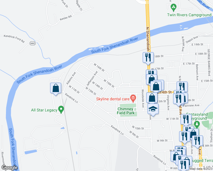 map of restaurants, bars, coffee shops, grocery stores, and more near 1330 Monroe Avenue in Front Royal