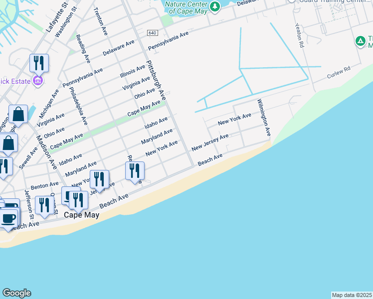 map of restaurants, bars, coffee shops, grocery stores, and more near 209 Pittsburgh Avenue in Cape May