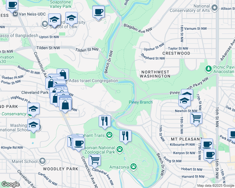 map of restaurants, bars, coffee shops, grocery stores, and more near 3545 Williamsburg Lane Northwest in Washington