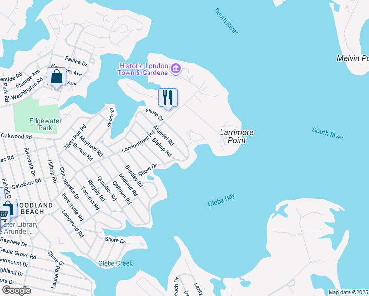 map of restaurants, bars, coffee shops, grocery stores, and more near 831 Shore Drive in Edgewater